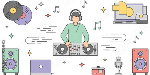 Professional DJ performing with turntable mixer and speakers featuring vinyl records musical notes microphone and laptop in modern line art style
