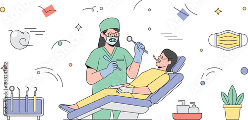 Professional female dentist examining patient in dental chair with medical tools mask and tooth icons in flat line art style