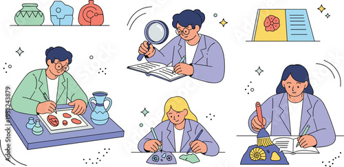 Flat vector illustration set of archaeologists and researchers studying ancient artifacts, pottery, fossils, and historical records in a laboratory