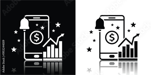 Social Media Growth Icon with Smartphone, Upward Chart, and Marketing Elements Silhouette