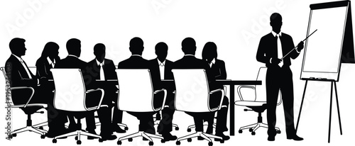 Black business presenter silhouette with man standing at flipchart board giving seminar to corporate audience in office meeting flat vector illustration isolated