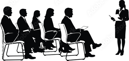 Black business seminar silhouettes with woman speaker presenting to seated audience in chairs isolated on white background, corporate training conference flat vector illustration workshop