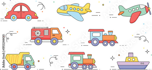 Flat line vector icons set of colorful toy vehicles including airplanes, cars, trains, fire truck, and steam ship