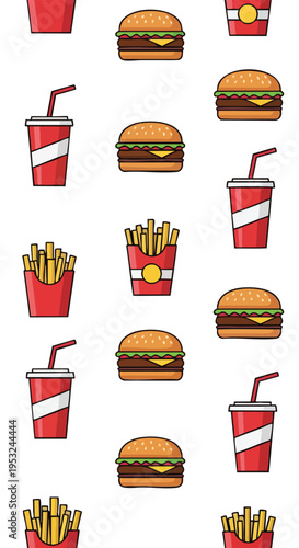 Flat lay composition of various fast food icons including burgers, fries, and drinks on a white background.