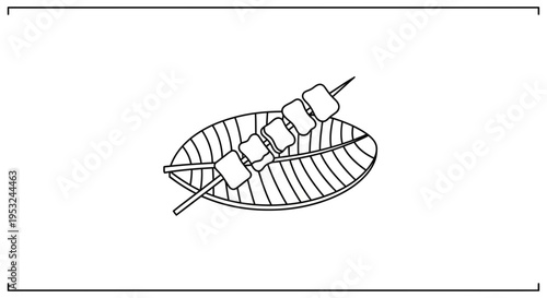 Skewered Marshmallows on Leaf Plate - Simple Line Art Illustration