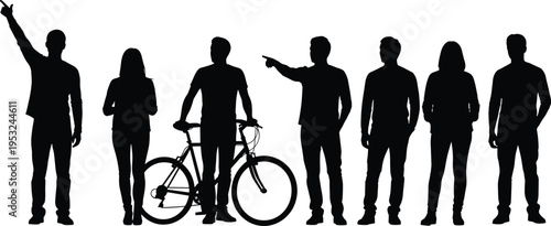 Black crowd people silhouettes group standing with bicycle pointing and gesturing isolated on white background, community diversity teamwork men and women flat vector illustration