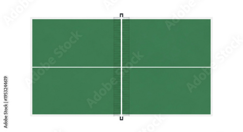Overhead view of a vibrant green table tennis surface with net, ready for competitive play