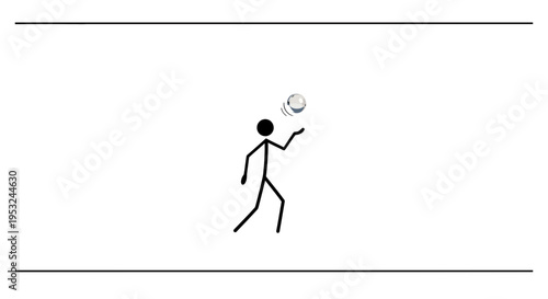 Stick figure playing volleyball, hitting ball in mid-air, indoor court, dynamic action