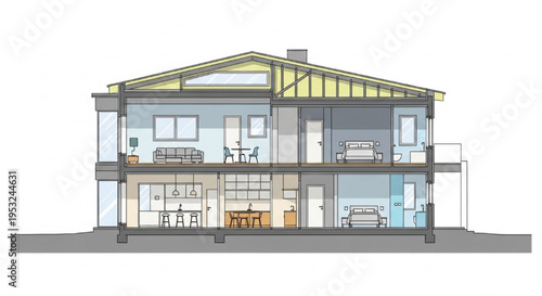 Detailed architectural cross-section of a modern two-story house with furnished interior layout and attic