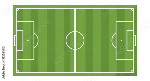 Top-down view of a vibrant green soccer field with detailed markings and goals