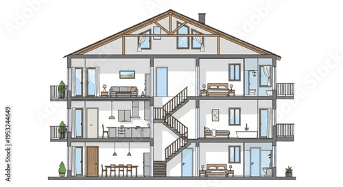 Cross-section of a modern apartment building showing rooms and amenities