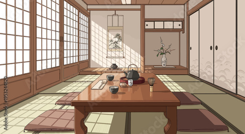Traditional Japanese dining room interior with tatami mats and low table