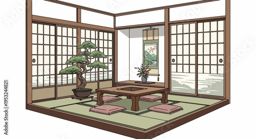 Traditional Japanese room with bonsai tree and tatami mats