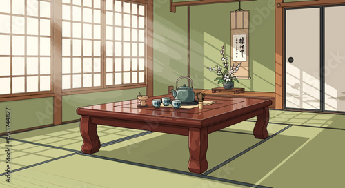 Traditional Japanese room with tatami mat and low wooden table