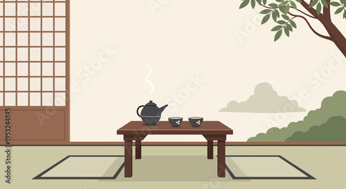 Traditional japanese tea setting with steaming teapot on wooden table