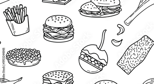 A black and white illustration of various burgers and fast food items arranged on a plain white background with a line drawing style.