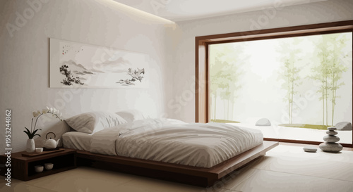 Serene bedroom interior with large window and natural light