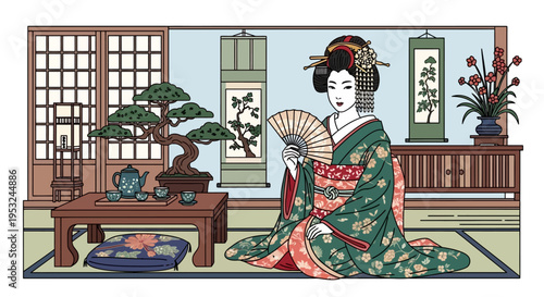 Woman in traditional Japanese kimono sitting in a tatami room with a fan