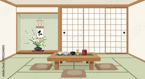 Traditional Japanese room with tatami mats and shoji screens