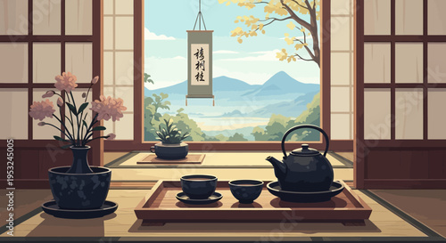 Traditional Japanese Tea Room Interior with Mountain View