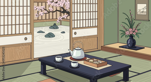Traditional Japanese Tea Room Interior With Cherry Blossoms