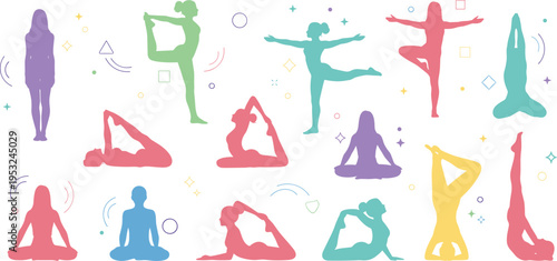 Colorful vector silhouettes set of women practicing various yoga poses, meditation, and stretching for wellness and fitness design