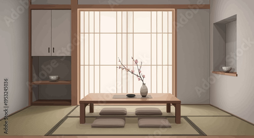 Minimalist Japanese style room with tatami mat and low table
