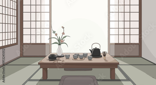Traditional Japanese Tea Room Interior with Tatami Mats and Shoji Screens