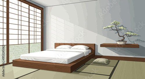 Serene Japanese inspired bedroom with bonsai tree on shelf