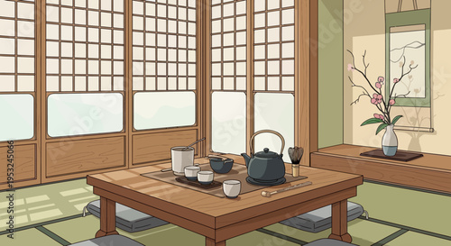 Traditional Japanese interior with tea set on low wooden table