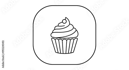 Simple line art icon of a cupcake in a wrapper with frosting and a cherry on top.