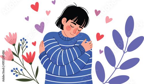  Self love illustration with woman hugging herself surrounded by hearts and flowers mental health concept vector collection
