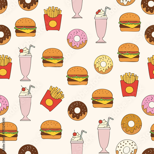 A colorful flat lay pattern of various fast food items including burgers, fries, milkshakes, and donuts on a plain background.