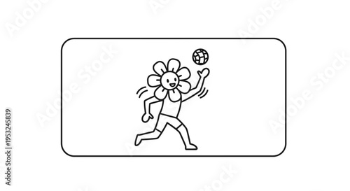 Playful Flower Character Playing Volleyball with a Ball