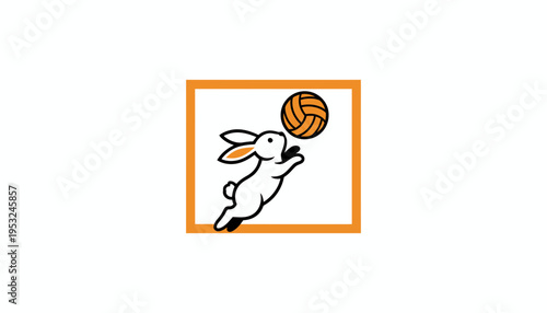 Playful Rabbit Jumps for Volleyball in Orange Square Frame