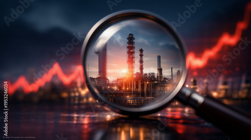 Industrial Analysis: A magnifying glass reveals a bustling industrial landscape, overlaid with a dramatic line graph, symbolizing in-depth examination, analysis.