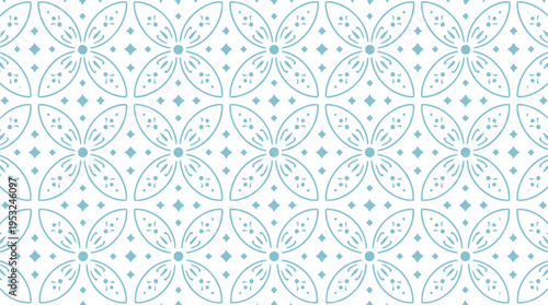 Symmetrical Light Blue Floral Batik Seamless Pattern Vector, Traditional Indonesian Blossom Ornament Background for Fabric and Aesthetic Stationery Design