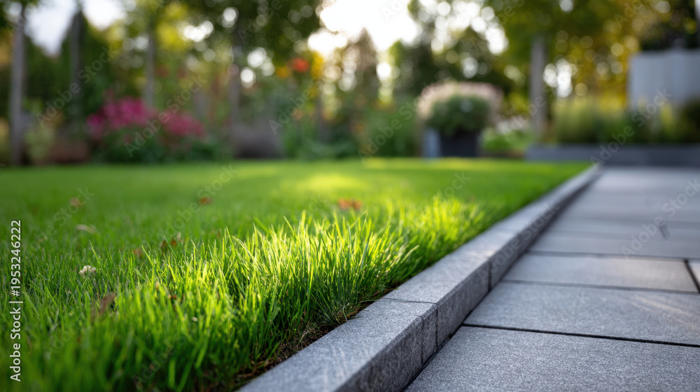 custom made wallpaper toronto digitalWell groomed green lawn edged by clean stone pathway in sunlit residential garden with blurred flower beds and trees creating peaceful outdoor setting