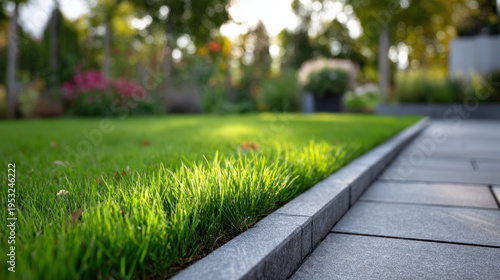 Wallpaper Mural Well groomed green lawn edged by clean stone pathway in sunlit residential garden with blurred flower beds and trees creating peaceful outdoor setting Torontodigital.ca