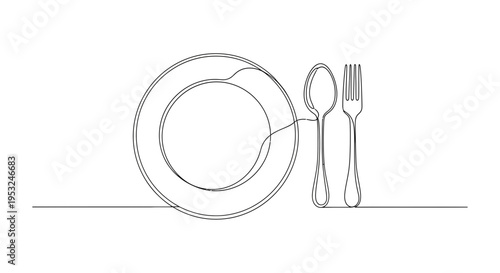 Minimalist single line drawing of a plate, spoon, and fork on a white background