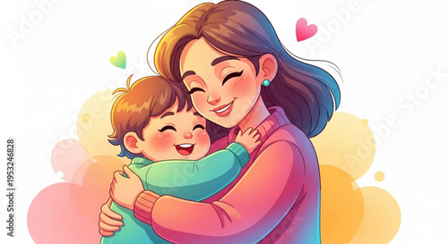 Mother and child embracing warmly with hearts around them in a colorful illustration