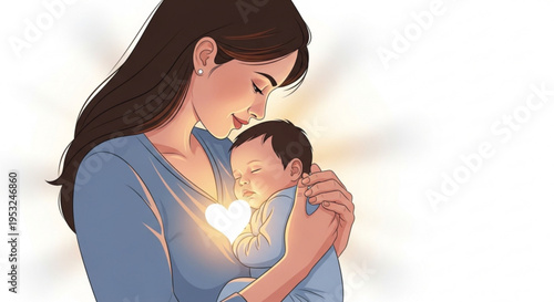 Tender mother holding newborn baby with love and care warm heart glowing between them