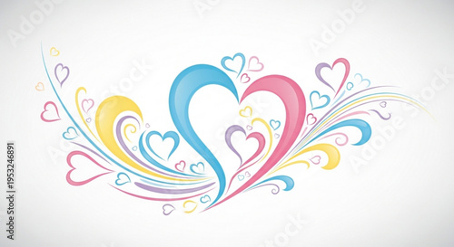 Colorful heart shapes in blue pink yellow and purple with swirling lines on white background for love valentine's day or romantic concepts