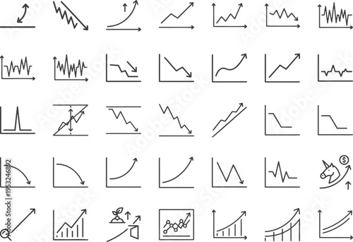 Business startup growth and market research icons featuring unicorn and analysis symbols