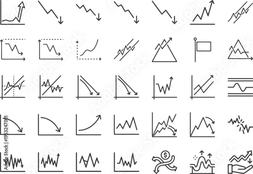 Data correlation and trend analysis icons showing diverging and converging financial lines