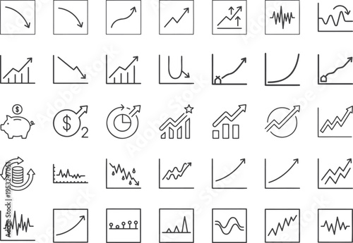 Personal finance and investment icons featuring piggy banks and growth charts