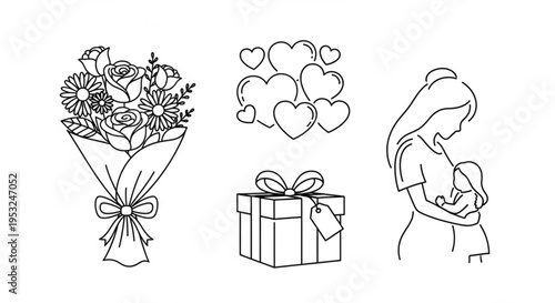 Mother holding baby with bouquet flowers gift box and heart balloons for mother's day or love concept