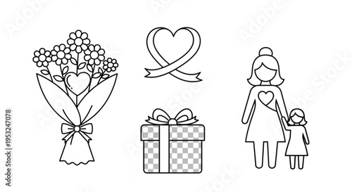 Mother and child with bouquet flowers gift heart symbol love