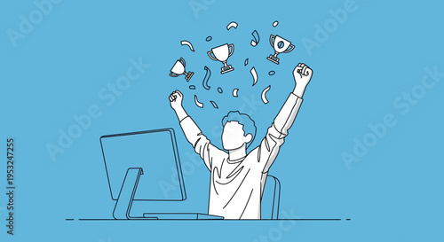 Man Celebrating Success With Computer.