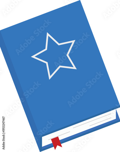 Flat vector illustration of a thick blue hardcover book with a white star on the cover and a red bookmark. Perfect for education, storytelling, and library-themed graphics.
